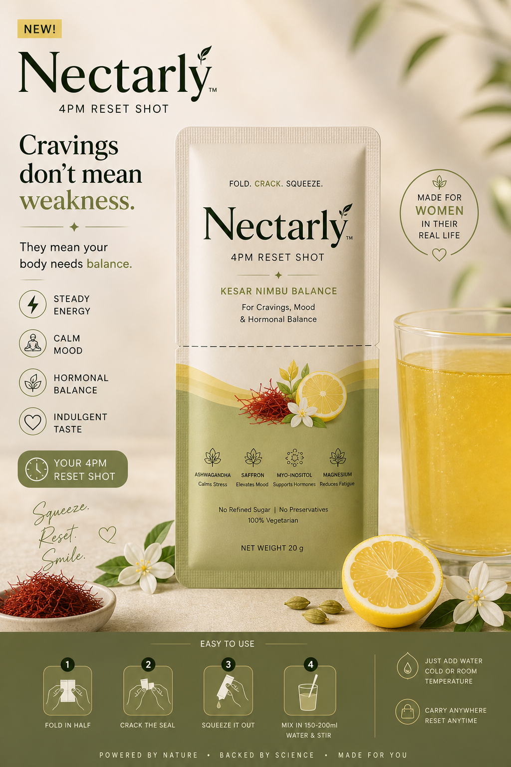 Nectarly 4PM Reset Shot sachet and drink
